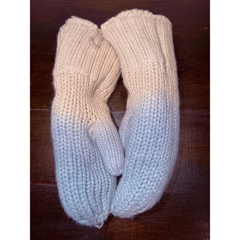 Lemon Cozy & Warm Women Ombre Knit Mittens Beige Blue Faux Shearling Lined NWT